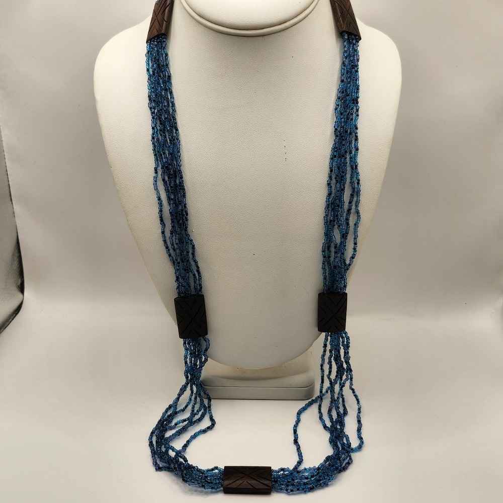 Blue‎ Multi Strand Seed Bead Necklace with Carved Wood Accents Boho Statement